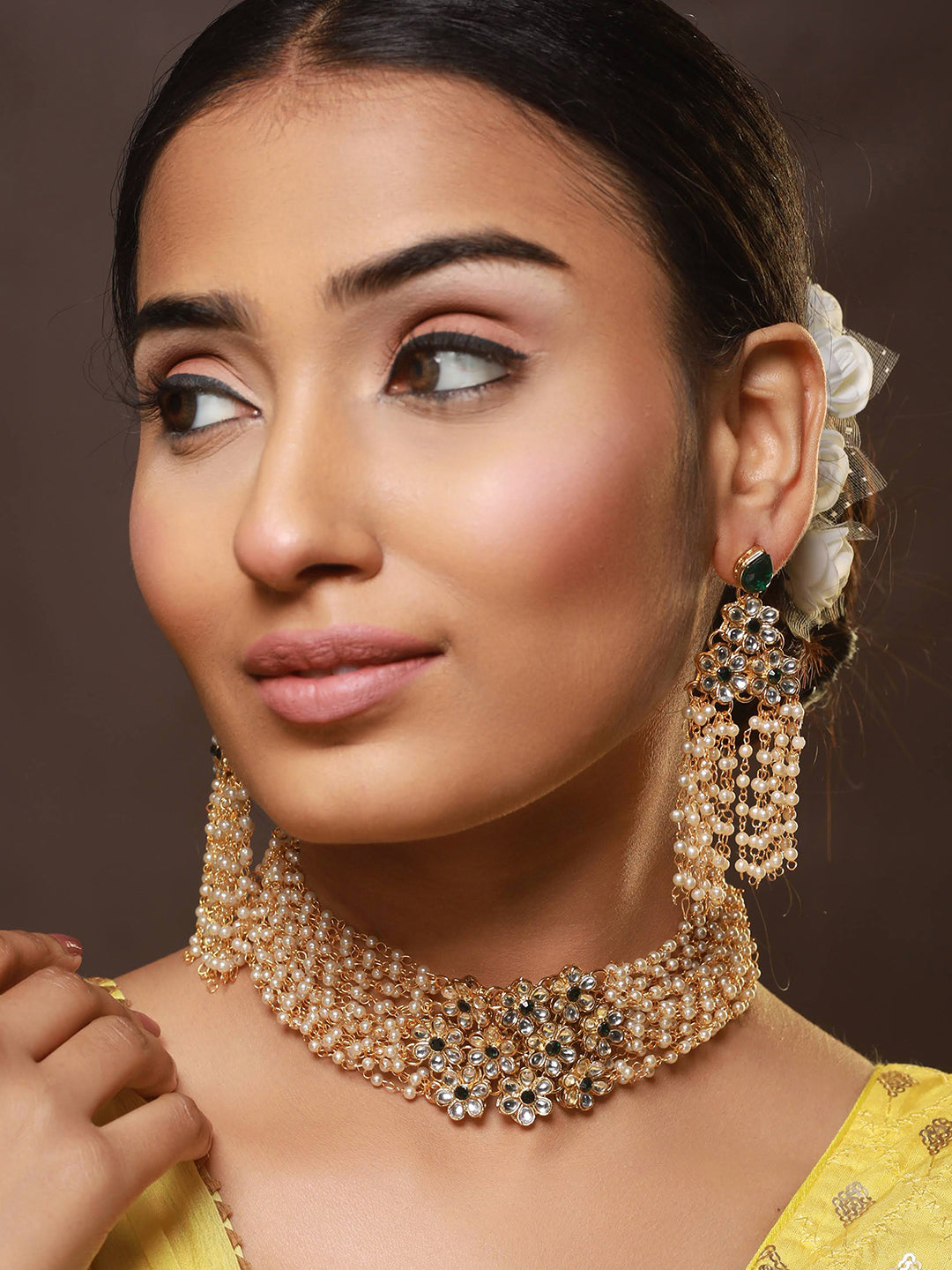 Gold-Plated Green Kundan Studded & Pearl Beaded Multilayered Choker Jewellery Set - Jazzandsizzle
