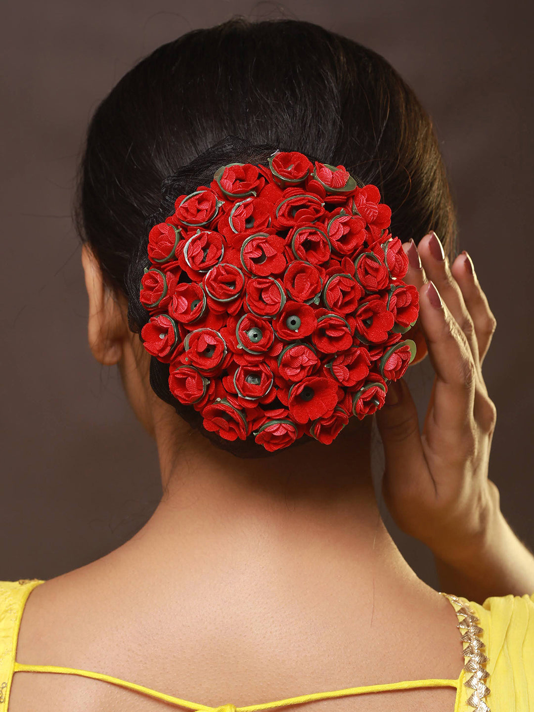 Women Red Rose Artificial Flower Juda Gajra Designed Hair Bun Cover - Jazzandsizzle