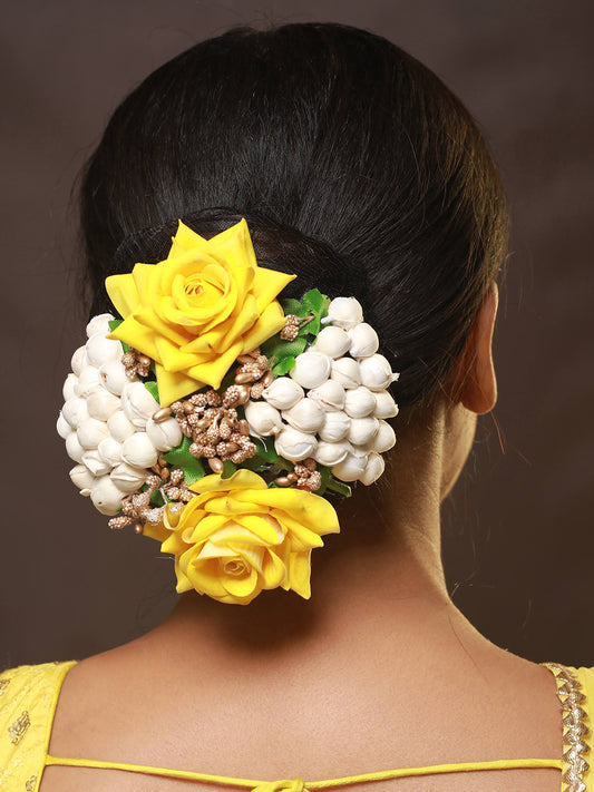 Women Yellow Rose & White Mogra Embellished Artificial Flower Gajra Designed Hair Bun Cover - Jazzandsizzle