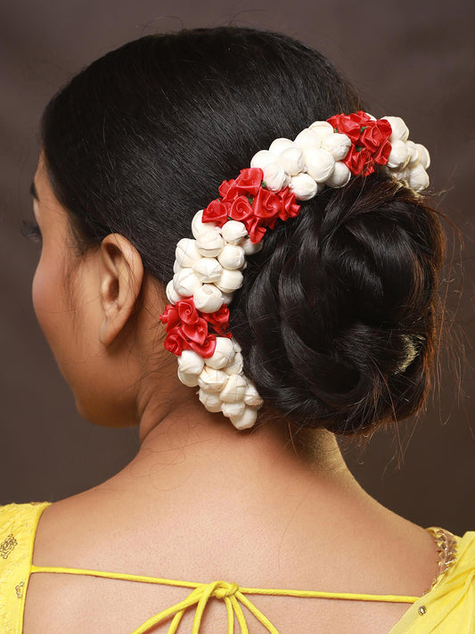 Women Red Rose & White Mogra Artificial Flower Gajra Floral Hair Bun - Jazzandsizzle