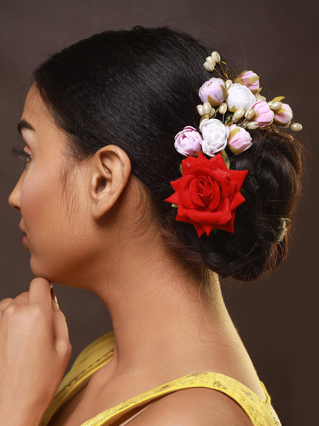 Women Red Rose wth White & Mauve Embellished Artificial Flower & Pearl Beaded Gajra Designed Hair Pin - Jazzandsizzle