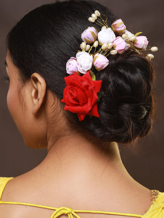 Women Red Rose wth White & Mauve Embellished Artificial Flower & Pearl Beaded Gajra Designed Hair Pin - Jazzandsizzle