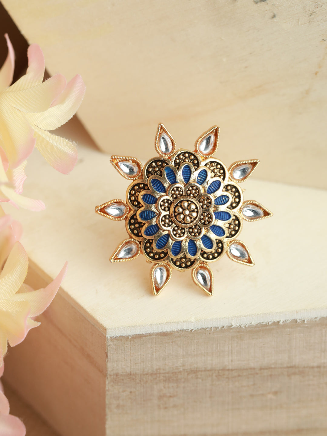 Gold-Plated Blue Enamelled White stone Studded Handcrafted Adjustable Finger Ring - Jazzandsizzle