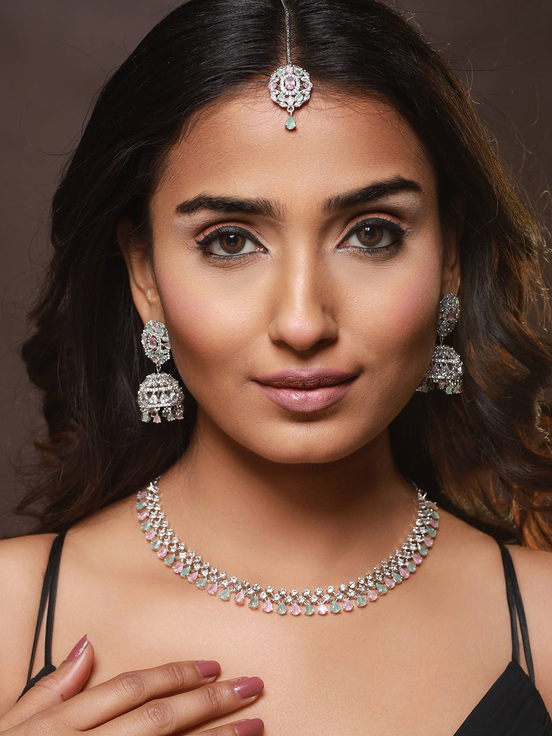 Silver Plated Pink & Mint Green American Diamond Studded Handcrafted Necklace Set With Maangtikka - Jazzandsizzle