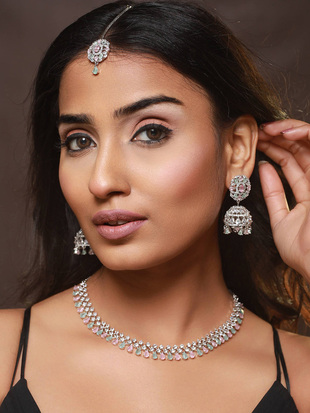 Silver Plated Pink & Mint Green American Diamond Studded Handcrafted Necklace Set With Maangtikka - Jazzandsizzle