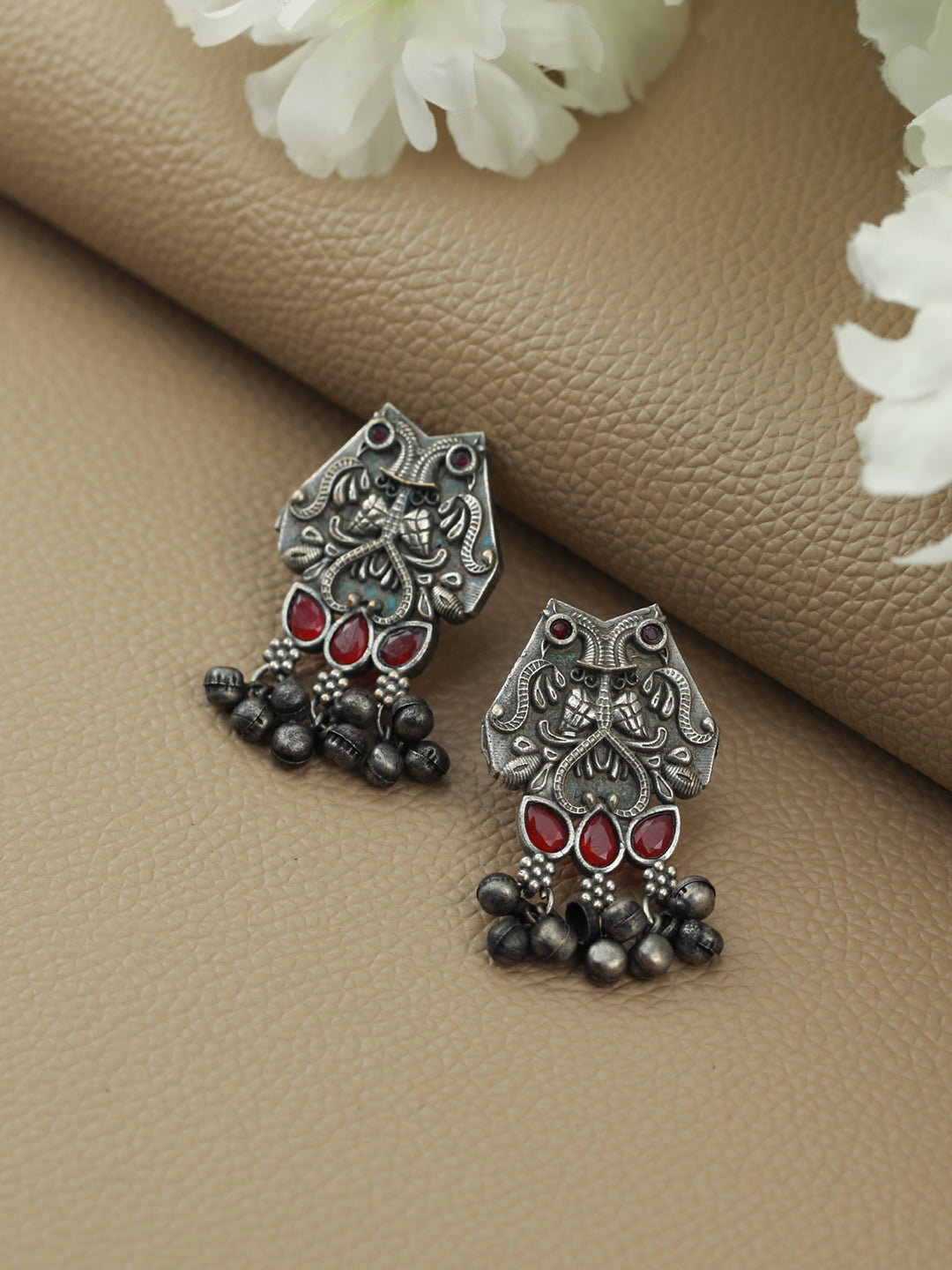 Oxidised Silver Toned ,Red stone studded Contemporary Owl Shaped Drop Earrings - Jazzandsizzle