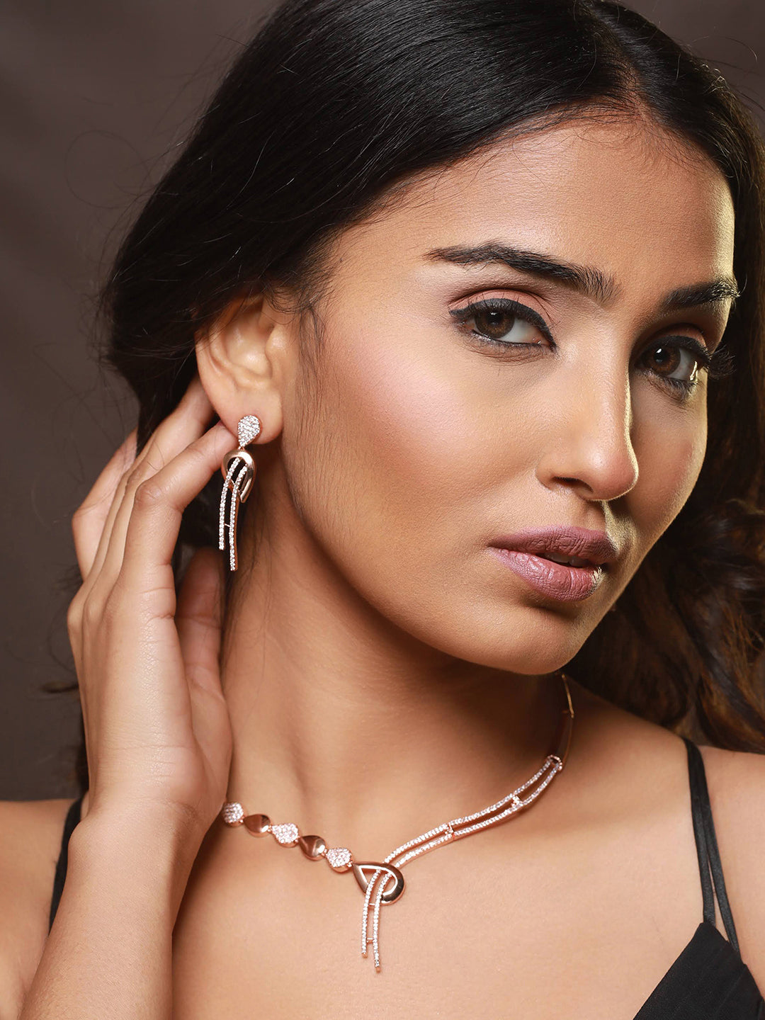 Rosegold-Plated Rose Gold CZ Studded Jewellery Set - Jazzandsizzle