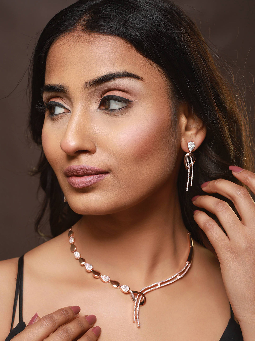 Rosegold-Plated Rose Gold CZ Studded Jewellery Set - Jazzandsizzle