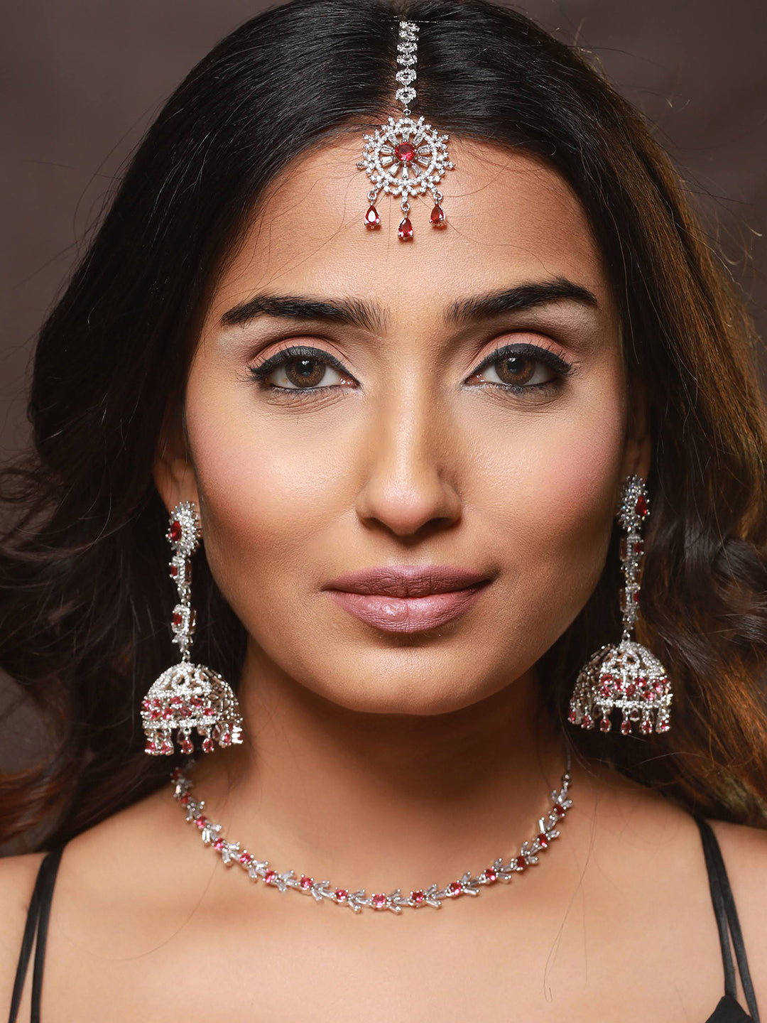 Silver Plated Ruby American Diamond Studded Handcrafted Necklace Set With Maangtikka - Jazzandsizzle