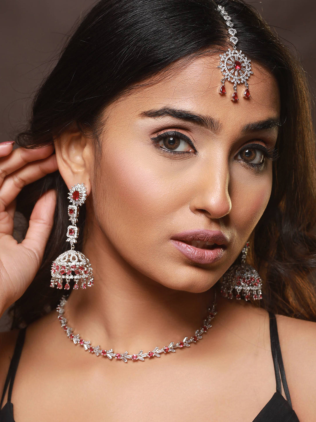 Silver Plated Ruby American Diamond Studded Handcrafted Necklace Set With Maangtikka - Jazzandsizzle