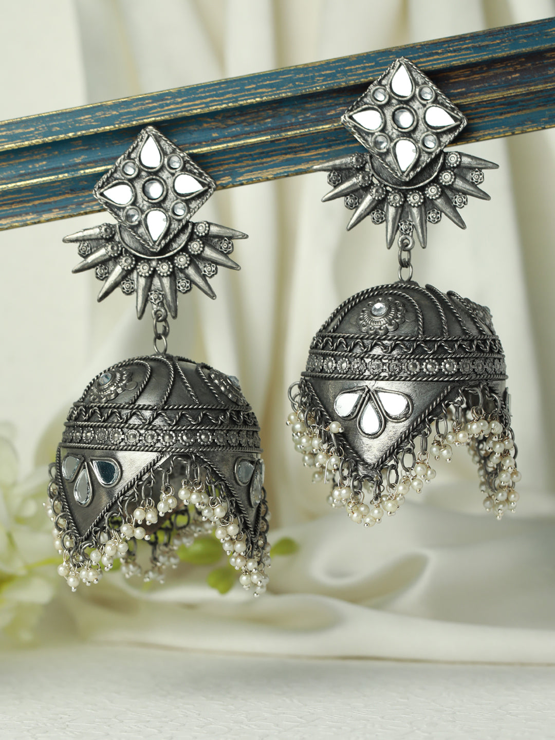 Silver-Plated Antique Handcrafted Mirrored Dome Shaped Jhumkas Earrings - Jazzandsizzle