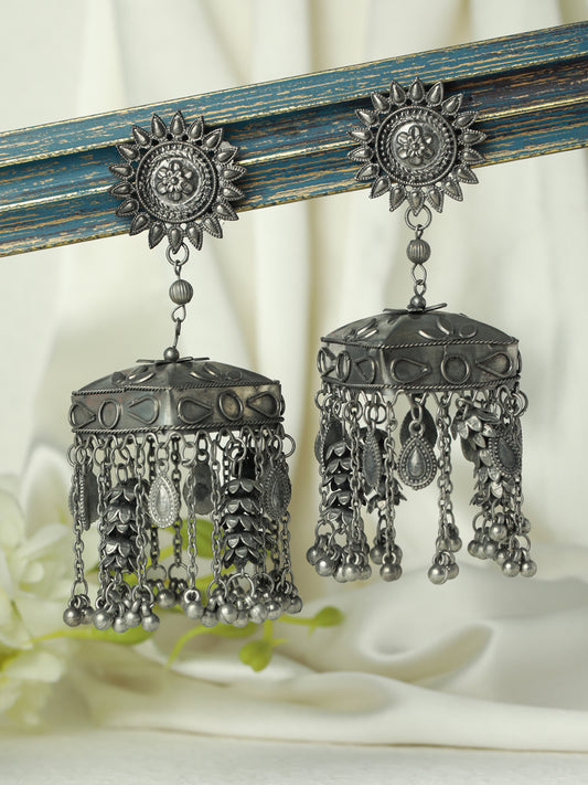 Oxidised Silver-Toned Antique Handcrafted Tasselled Jhumka Earrings - Jazzandsizzle