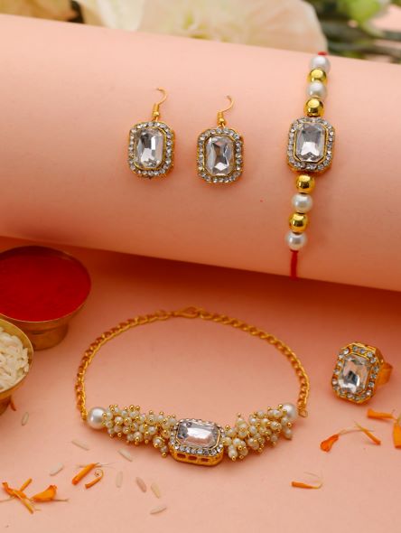 Set of 2 Kundan Studded & Pearls Bhaiya Bhabhi Rakhi with Earrings & Adjustable Ring - Jazzandsizzle