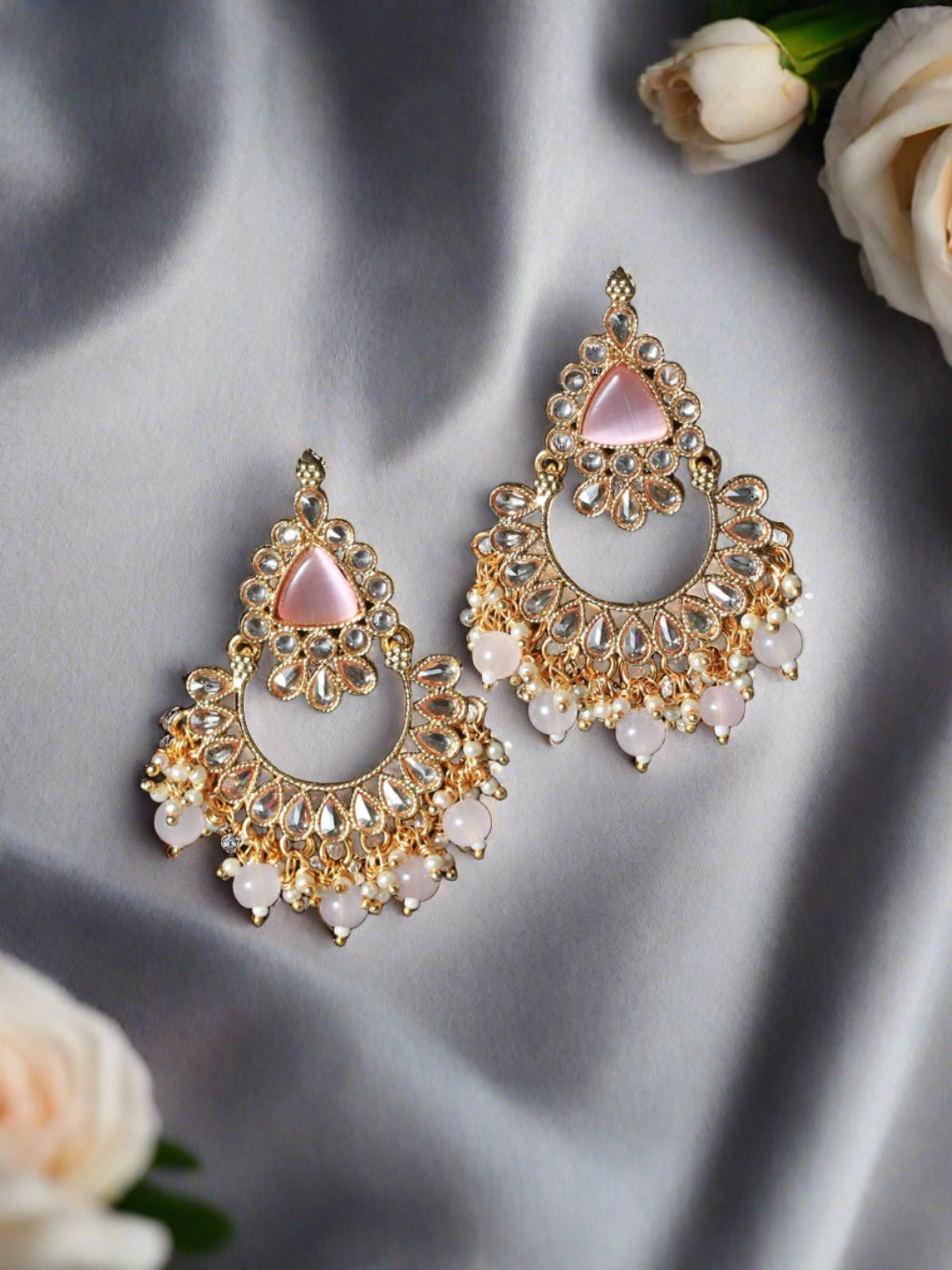 White Kundan Studed & Pink Stone,Gold Plated Chandbali Earrings - Jazzandsizzle