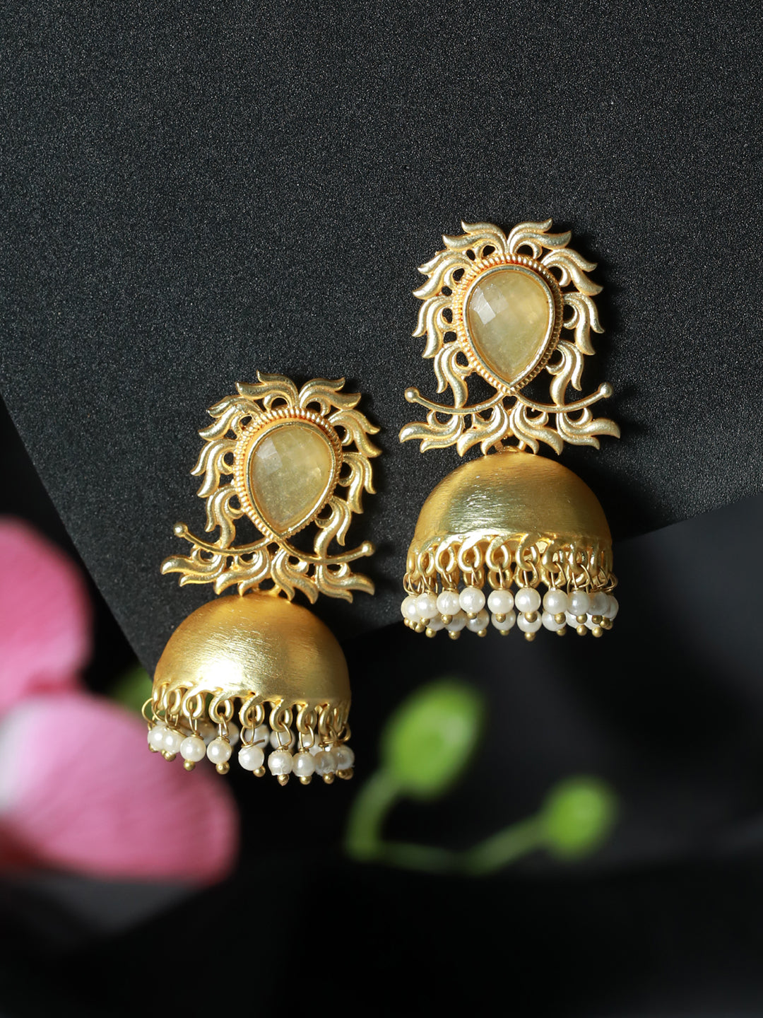 Gold-Plated & Yellow MonaLisa stone studded Dome-Shaped White Beaded Jhumka - Jazzandsizzle