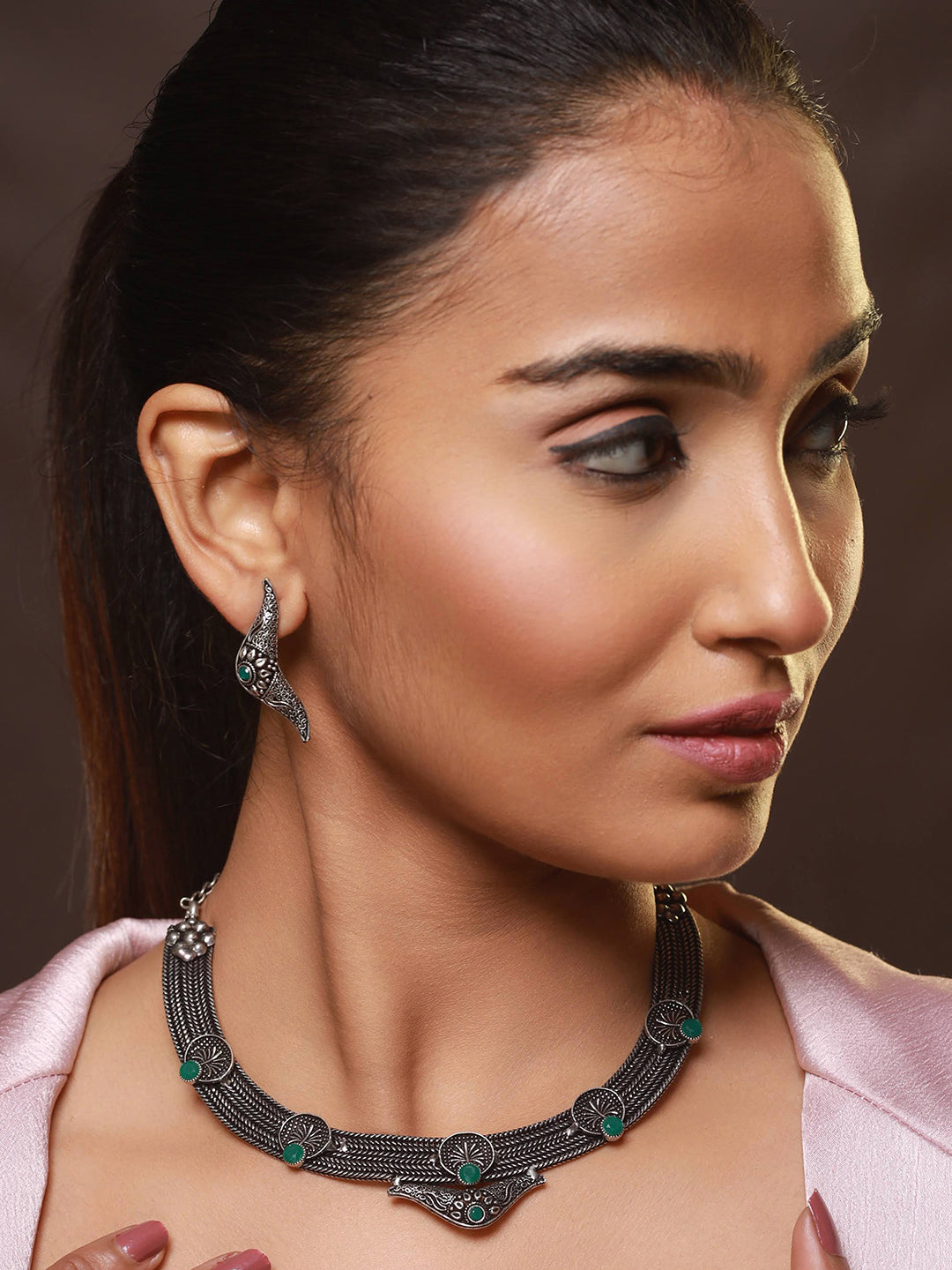 Oxidised Silver-Tone Green Stone Studded Filgree Jewellery Set - Jazzandsizzle