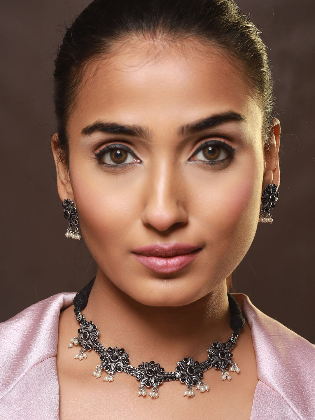 Oxidised Silver-Tone Black Stone Studded & Pearl Beaded Floral Jewellery Set - Jazzandsizzle