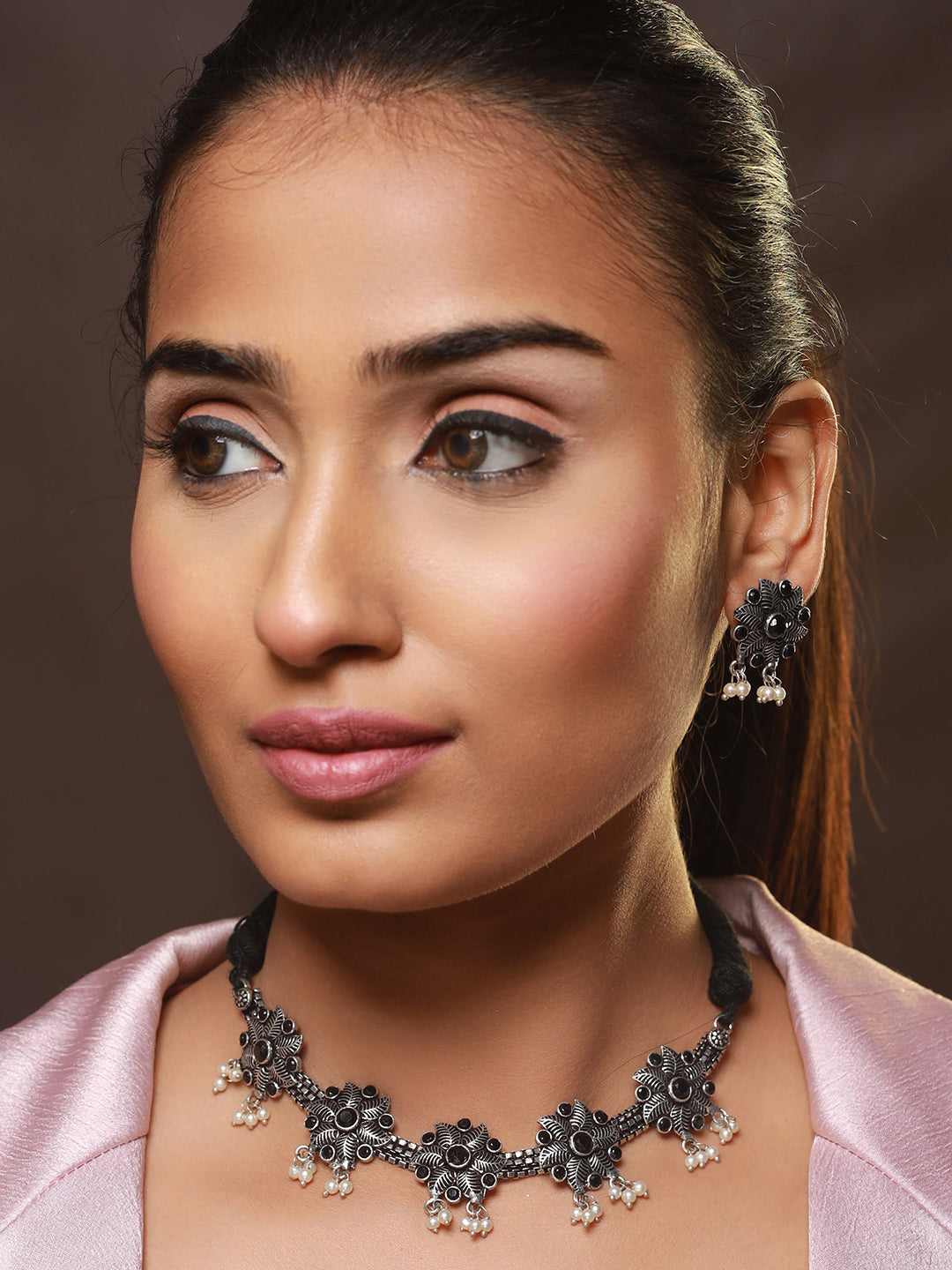 Oxidised Silver-Tone Black Stone Studded & Pearl Beaded Floral Jewellery Set - Jazzandsizzle