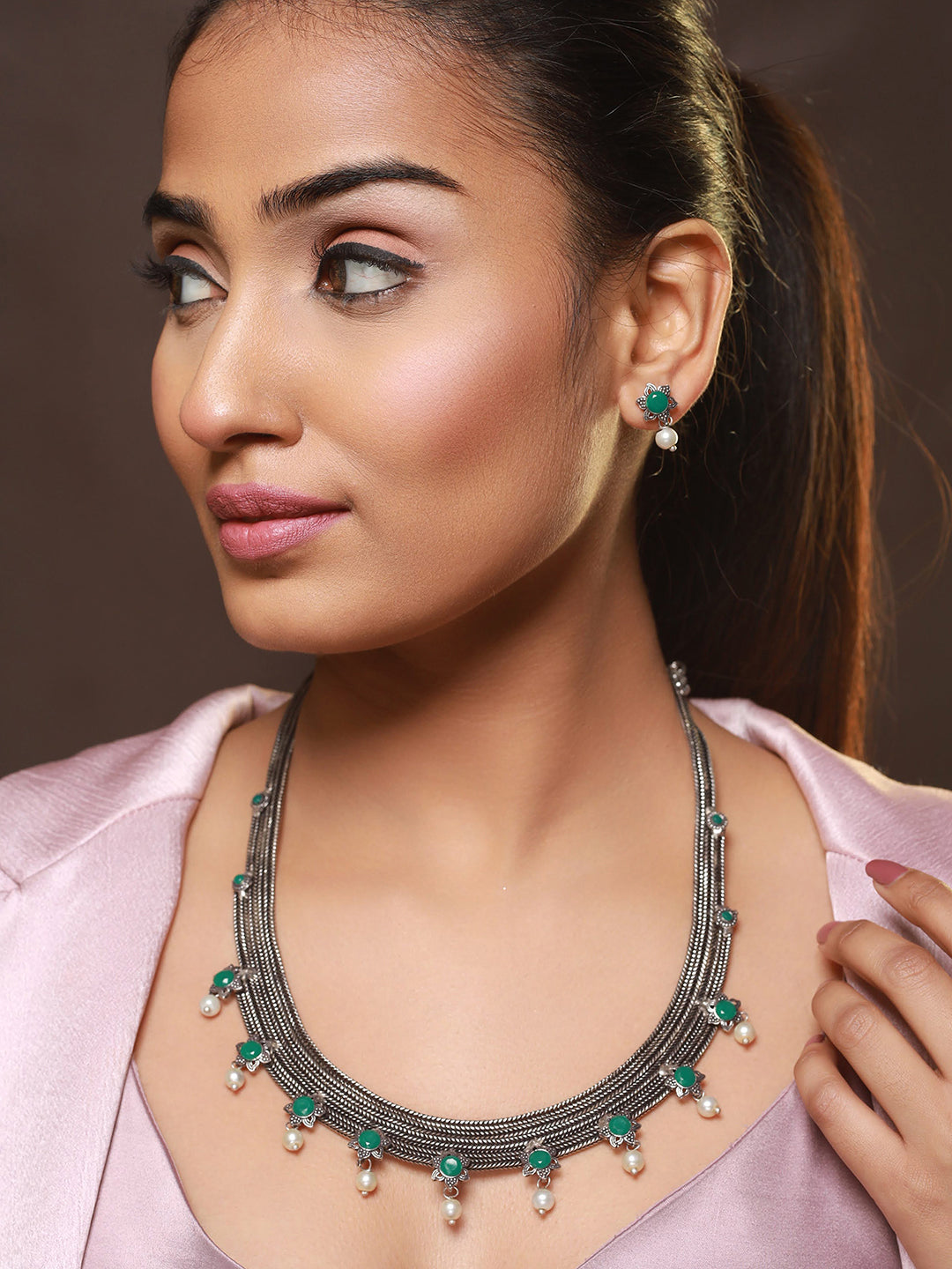 Oxidised Silver-Tone Green Stone Studded & Pearl Beaded Jewellery Set - Jazzandsizzle