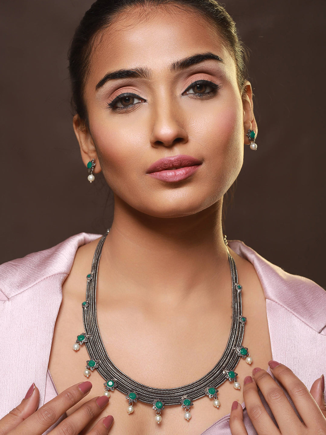 Oxidised Silver-Tone Green Stone Studded & Pearl Beaded Jewellery Set - Jazzandsizzle