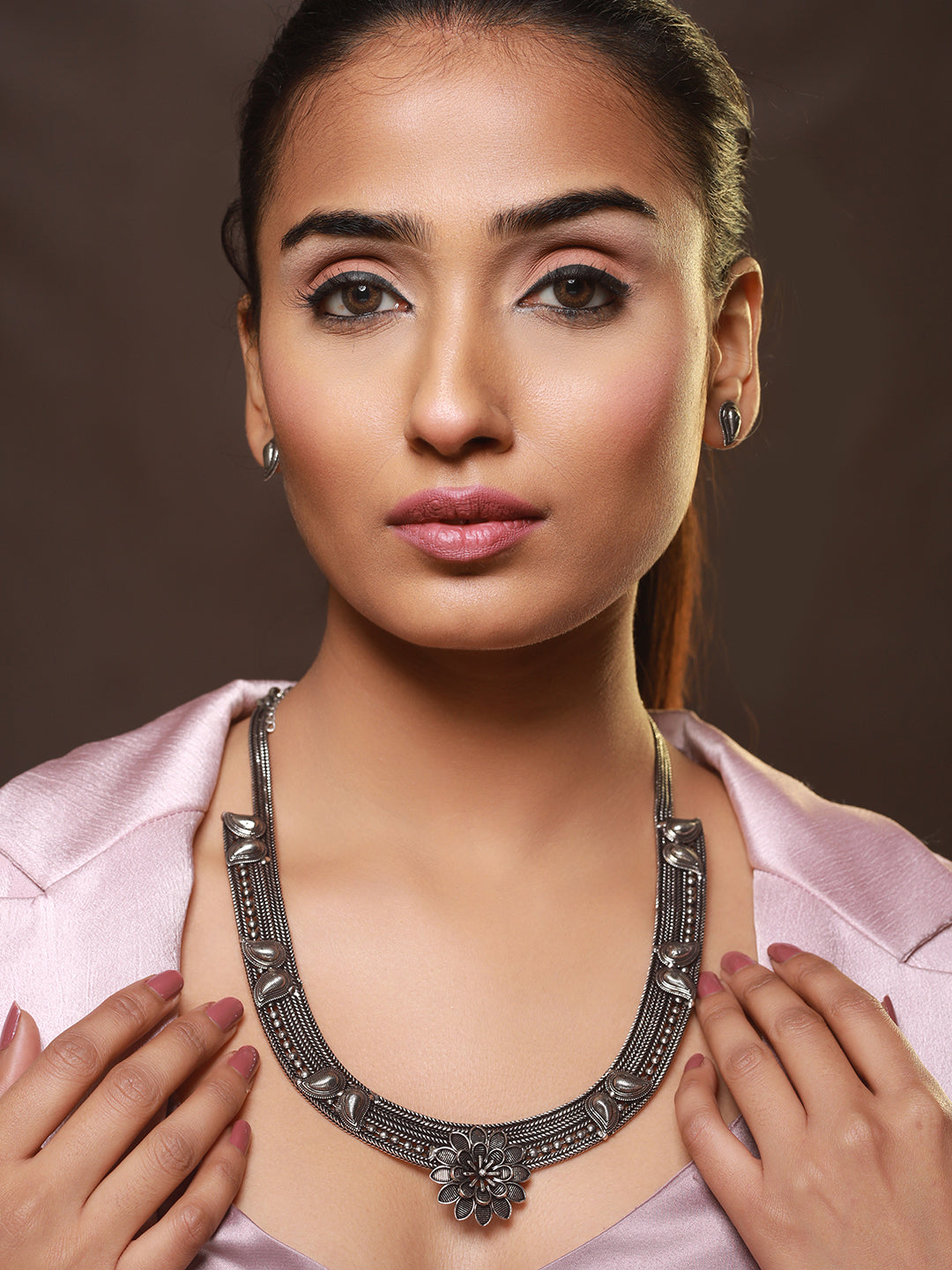 Oxidised Silver-Tone Black Stone Studded Jewellery Set - Jazzandsizzle