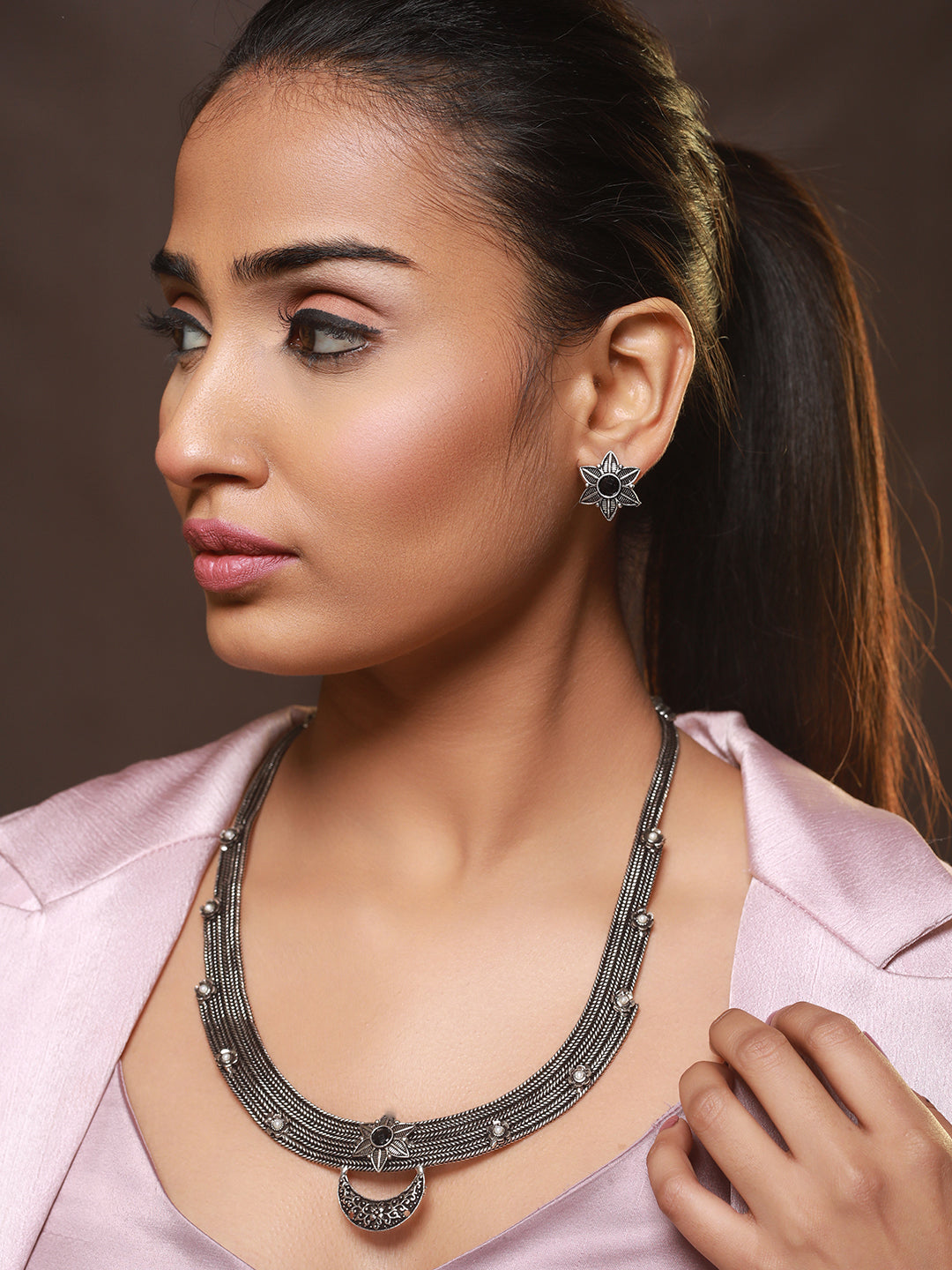 Silver-Toned Red Stone Studded & Pearl Beaded Oxidised Jewellery Set - Jazzandsizzle