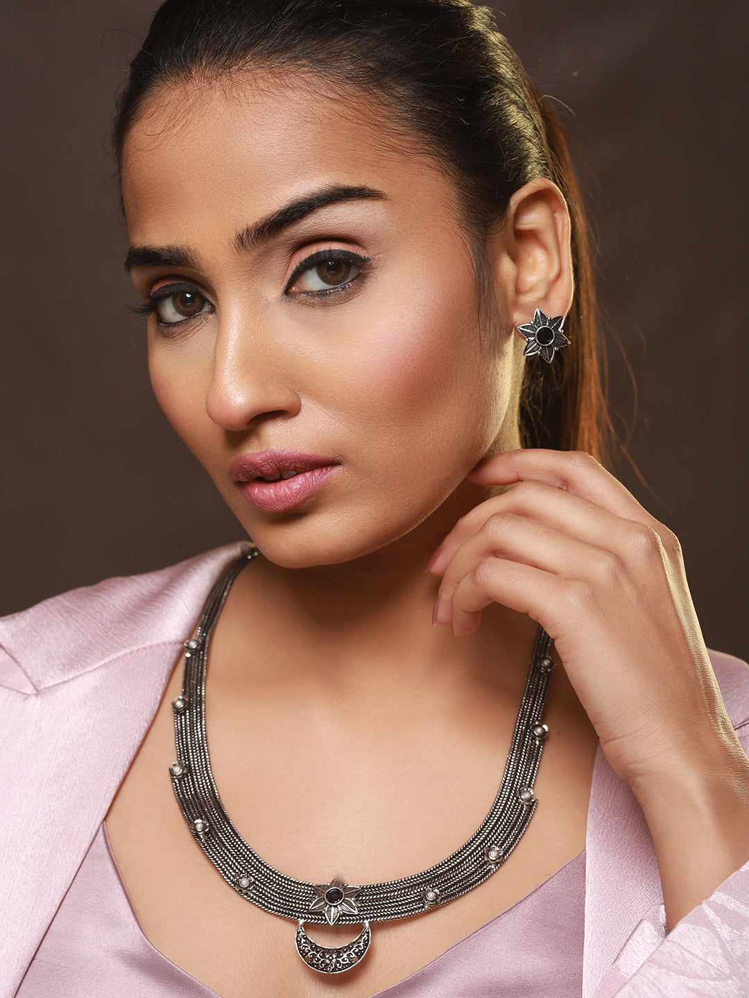 Silver-Toned Red Stone Studded & Pearl Beaded Oxidised Jewellery Set - Jazzandsizzle