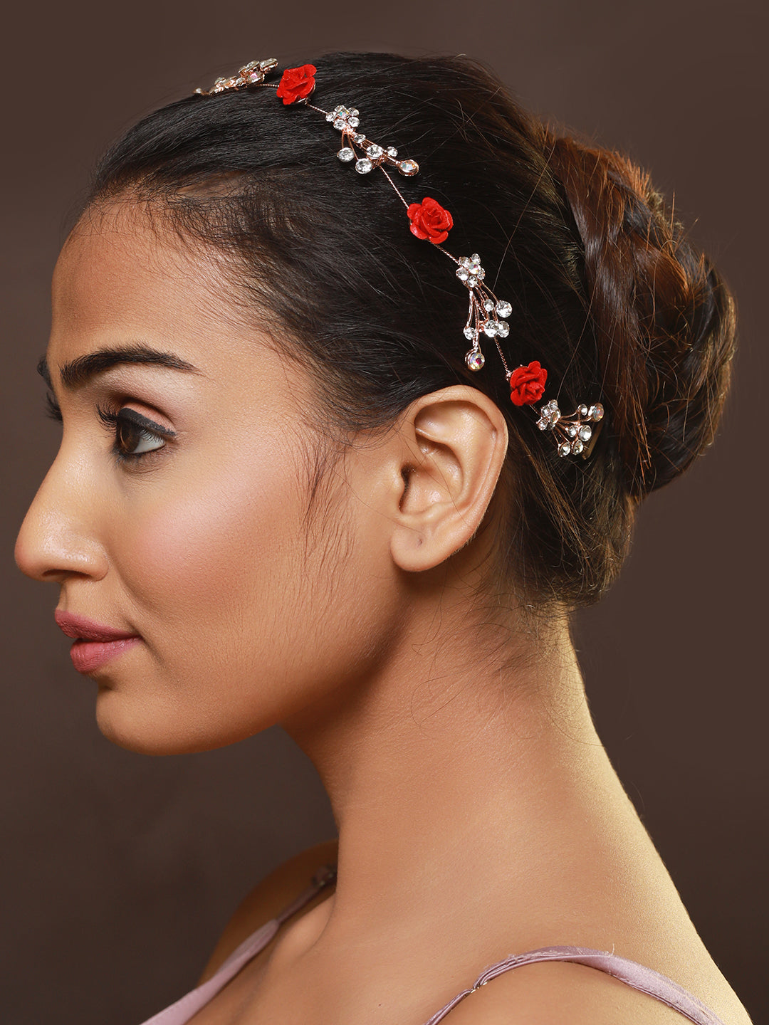 Women Red-Coloured Rose & White Embellished Hand Made Pearl Floral Hair Vine - Jazzandsizzle