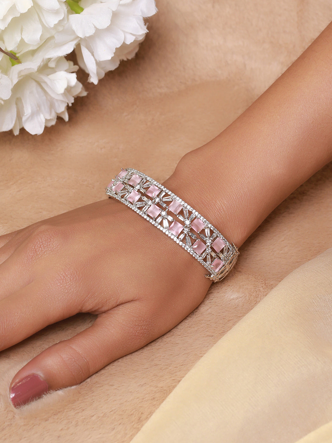 Silver Plated Pink American Diamond Studded Handcrafted Bangle Style Bracelet - Jazzandsizzle