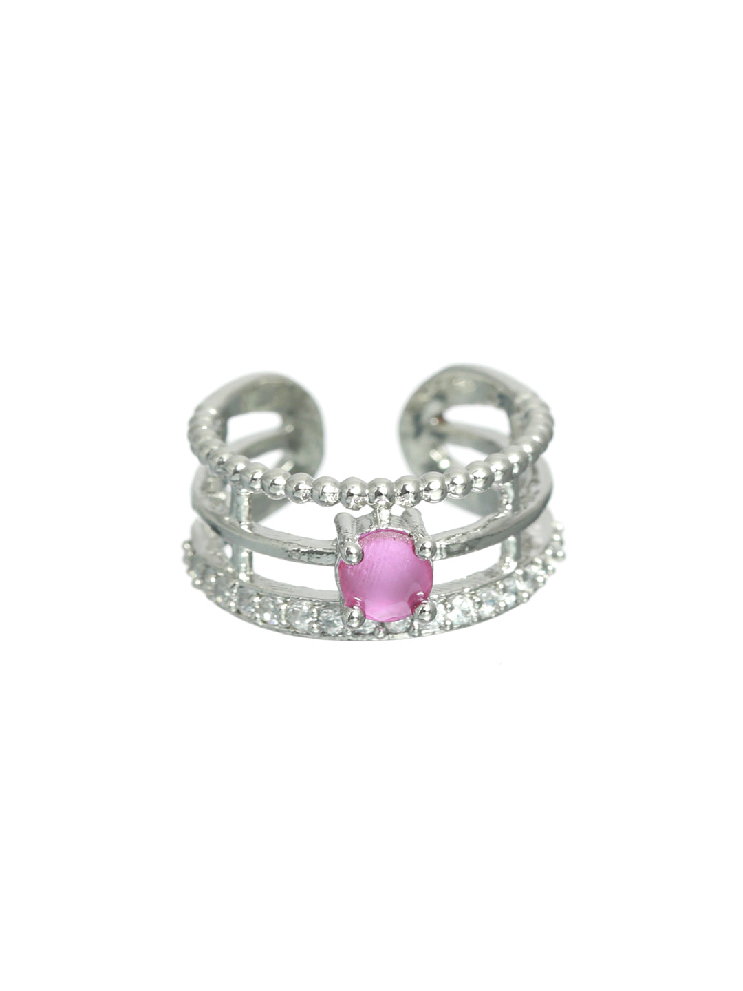 Pink Silver-Plated AD-Studded Handcrafted Adjustable Finger Ring - Jazzandsizzle