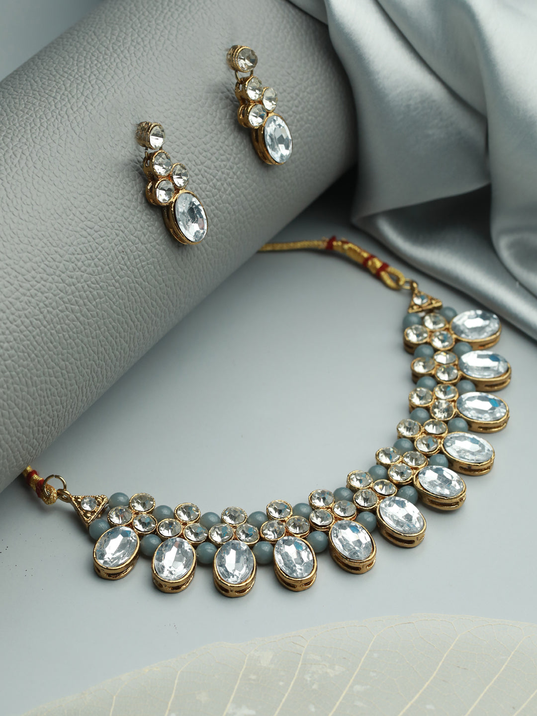 Gold-Plated Grey Crystal & Stone Studded Jewellery Set