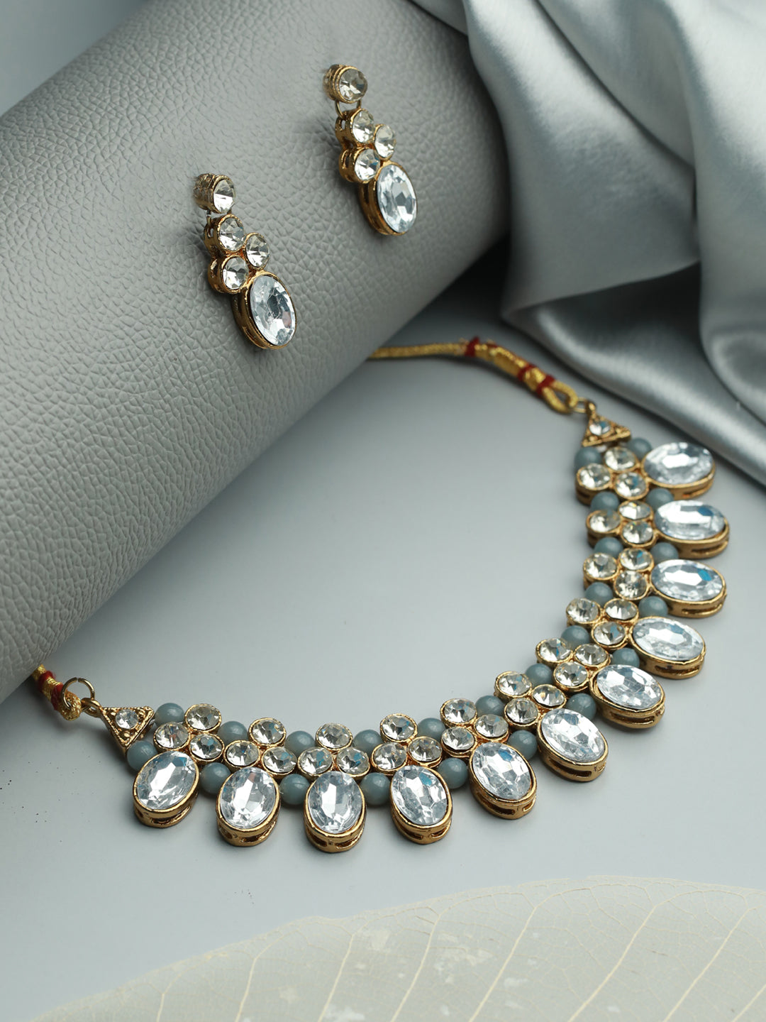 Gold-Plated Grey Crystal & Stone Studded Jewellery Set - Jazzandsizzle