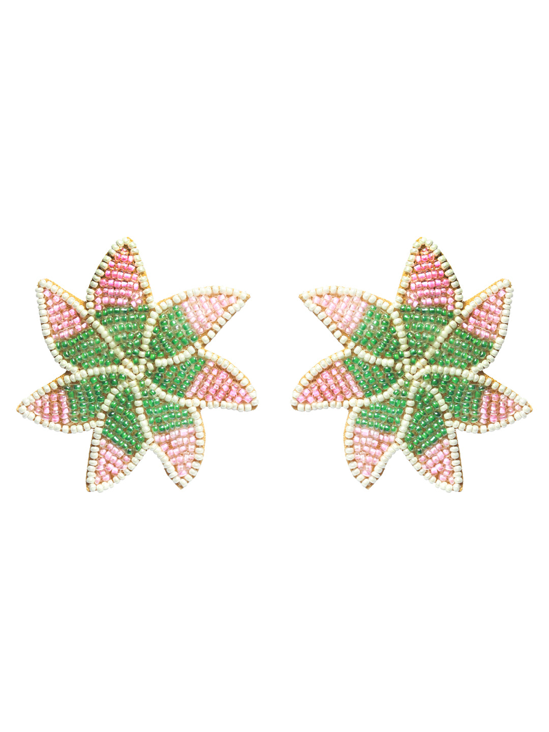 Woman Pink & Green Star Shaped Embroidered Stud Earrings - Jazzandsizzle