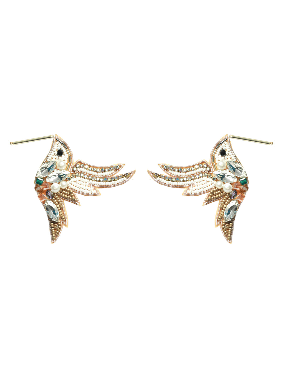 Gold Toned Beads & White Crystals Studded Contemporary Bird shaped Earrings - Jazzandsizzle