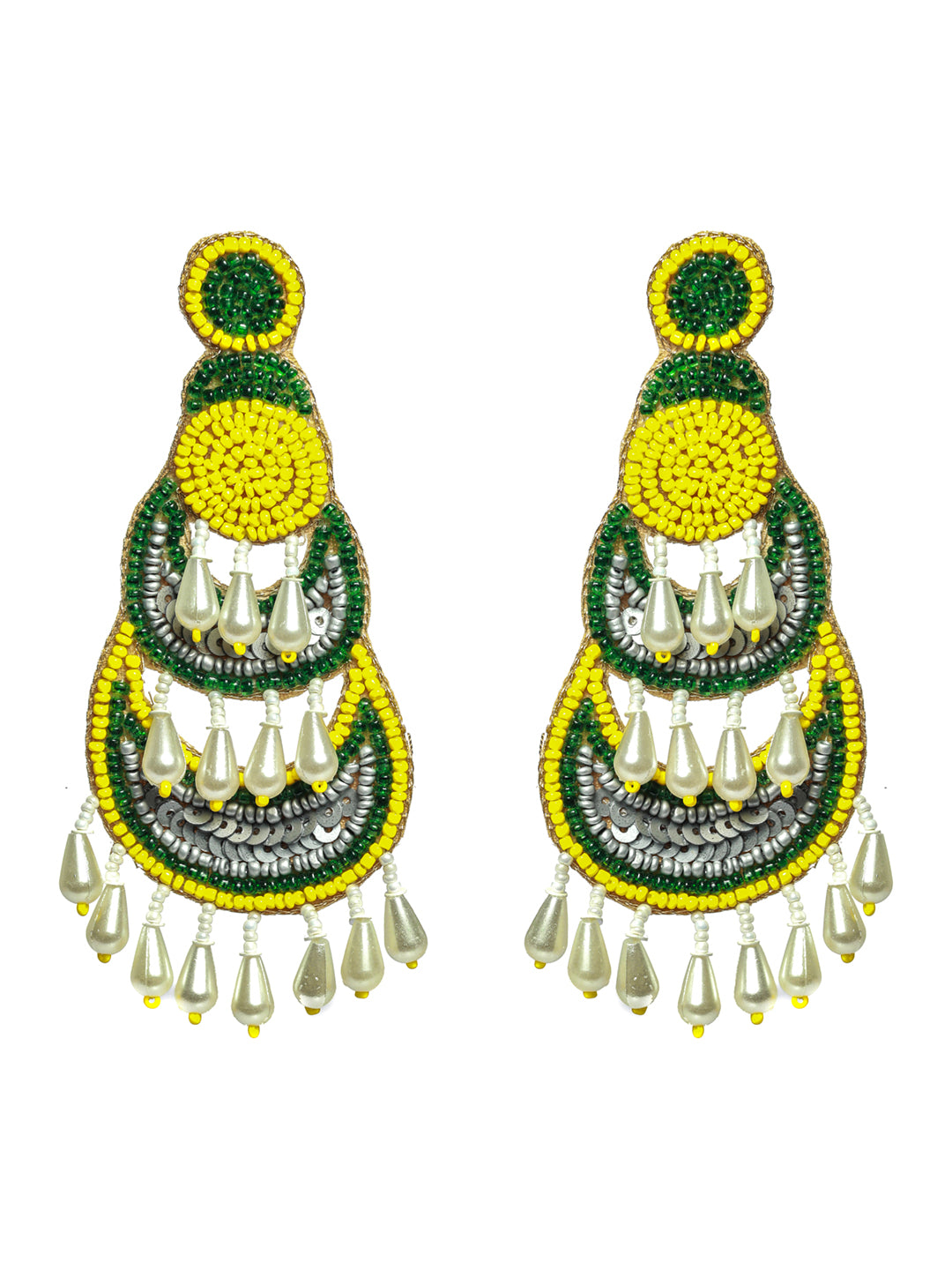 Yellow Green Beads & Pearls Studded Contemporary Handcrafted Chandbali Earrings - Jazzandsizzle