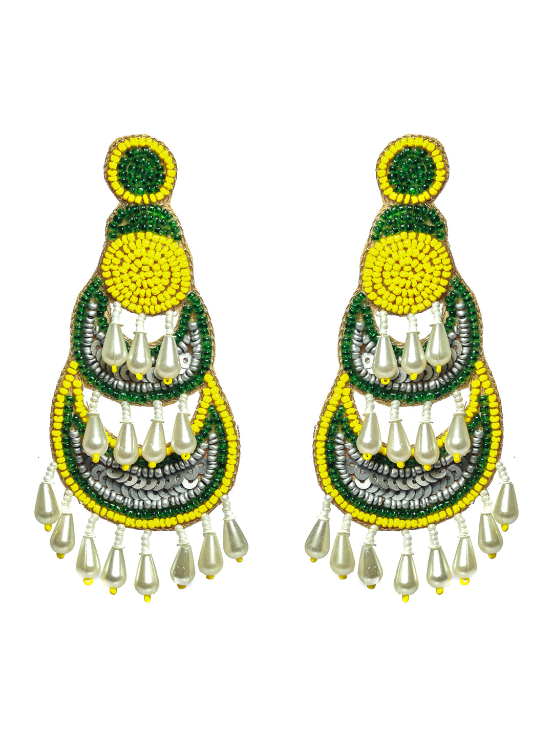 Yellow Green Beads & Pearls Studded Contemporary Handcrafted Chandbali Earrings - Jazzandsizzle