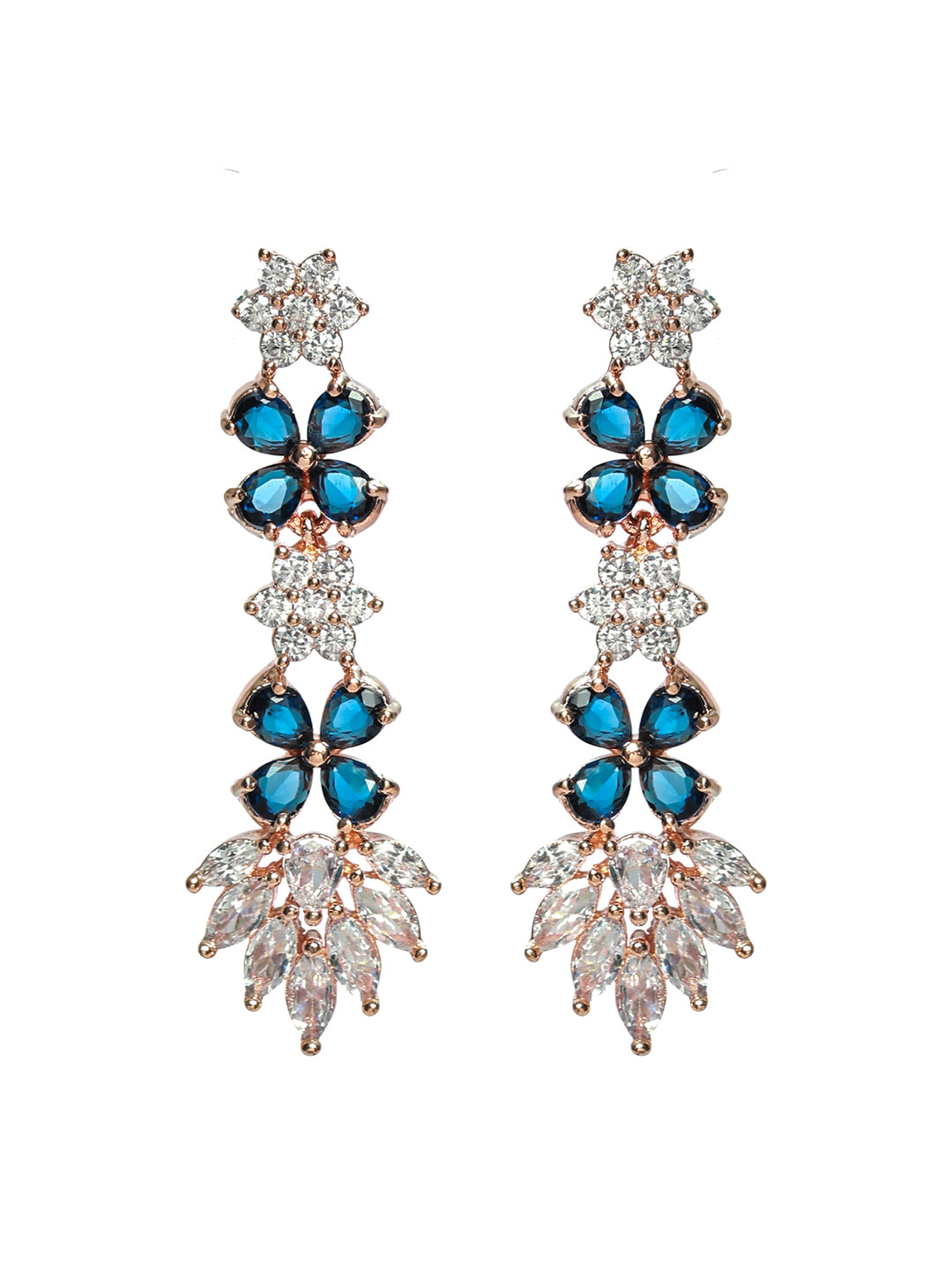 Rose Gold-Plated Blue & white Ameriacna Diamond & CZ-Studded Floral Jewellery Set - Jazzandsizzle