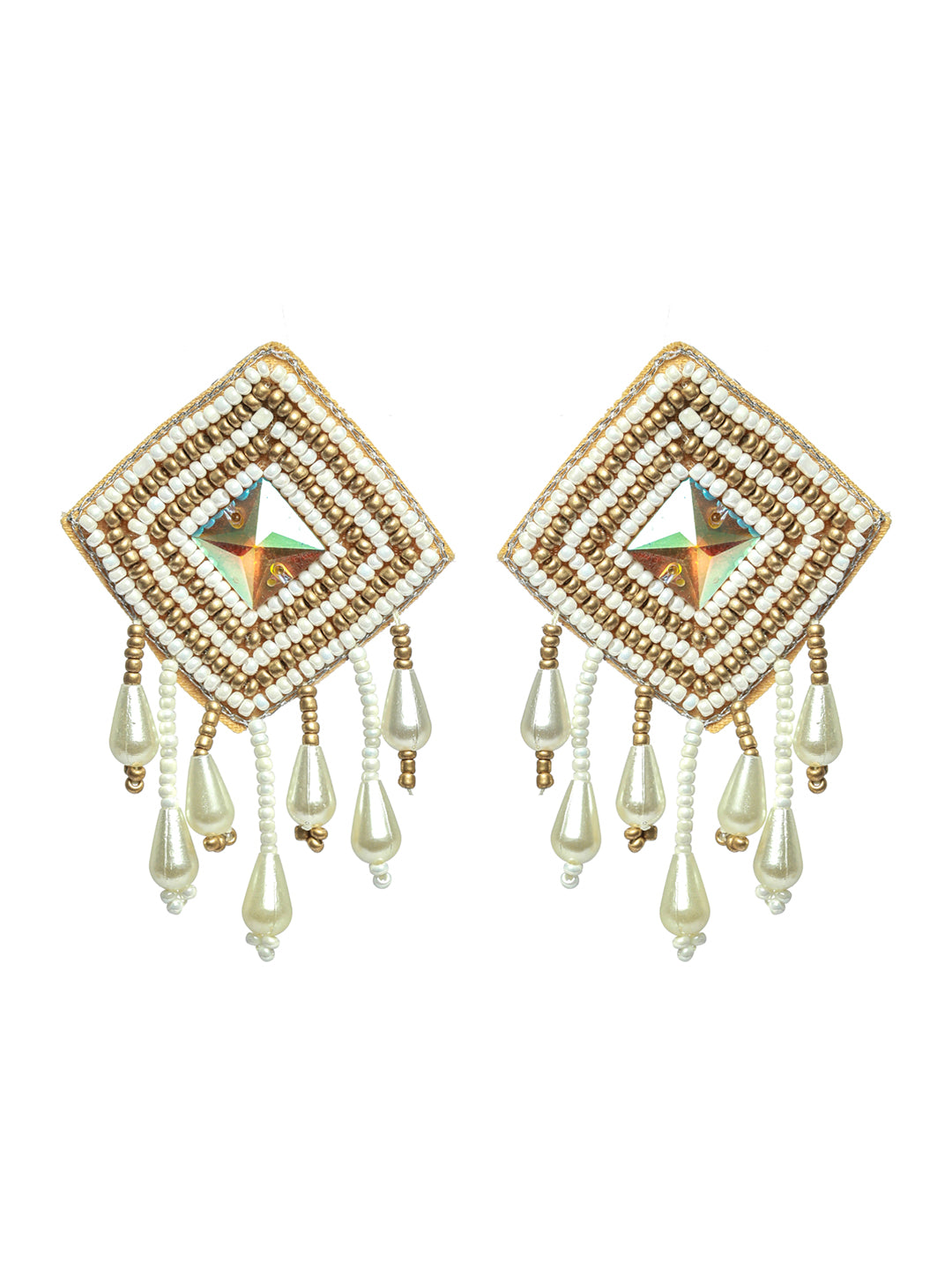 Gold & White Pearl-Studded & Beaded Tasselled Handcrafted Choker Necklace Set - Jazzandsizzle