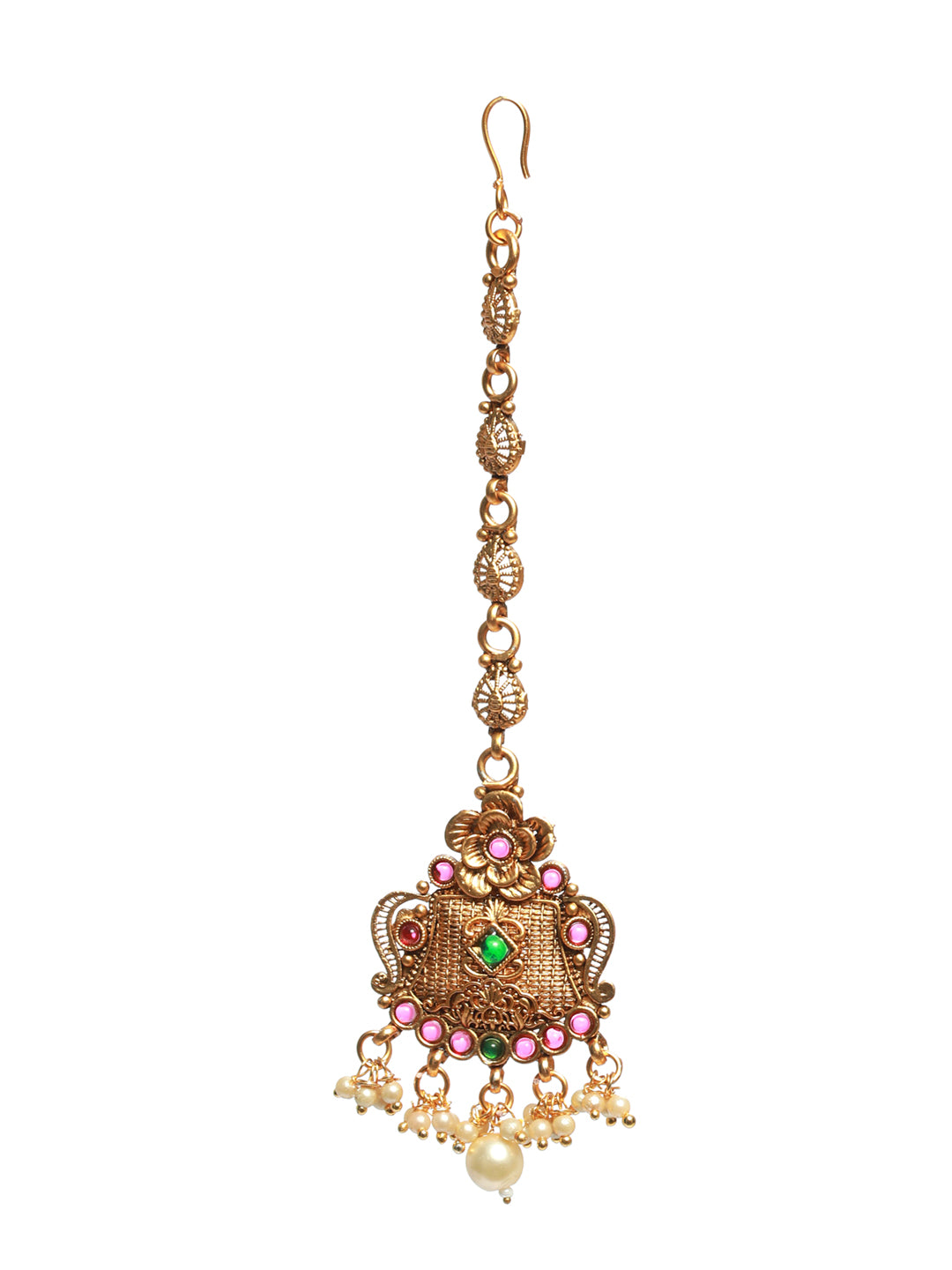 Gold-Plated Green & Red Stone-Studded & Beaded Floral Temple Maang Tikka - Jazzandsizzle