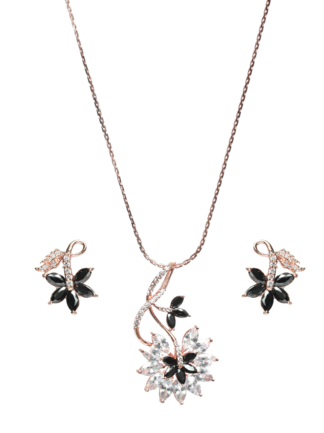 Black American Diamond Rose Gold Pendant & Earring Set - Jazzandsizzle