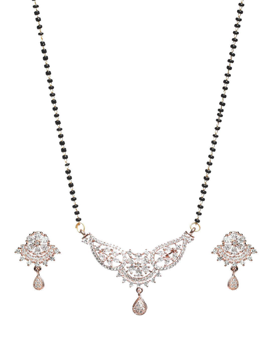 Rose Gold-Plated Black Beaded & White AD Stone-Studded Mangalsutra With Earrings - Jazzandsizzle