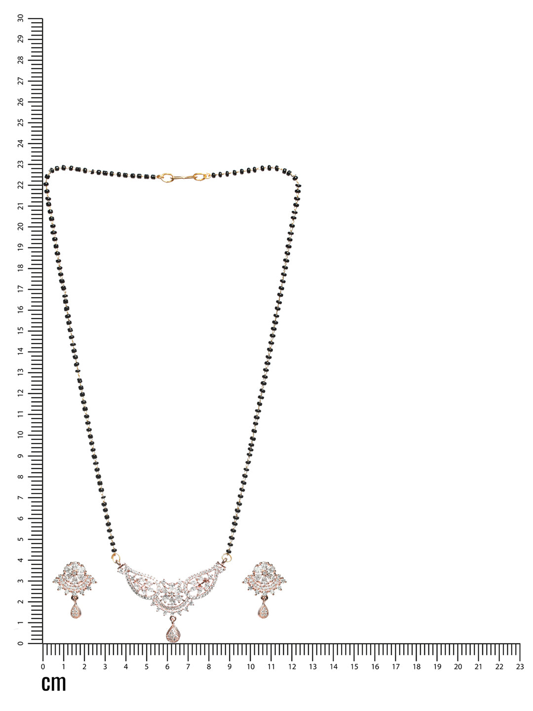 Rose Gold-Plated Black Beaded & White AD Stone-Studded Mangalsutra With Earrings - Jazzandsizzle