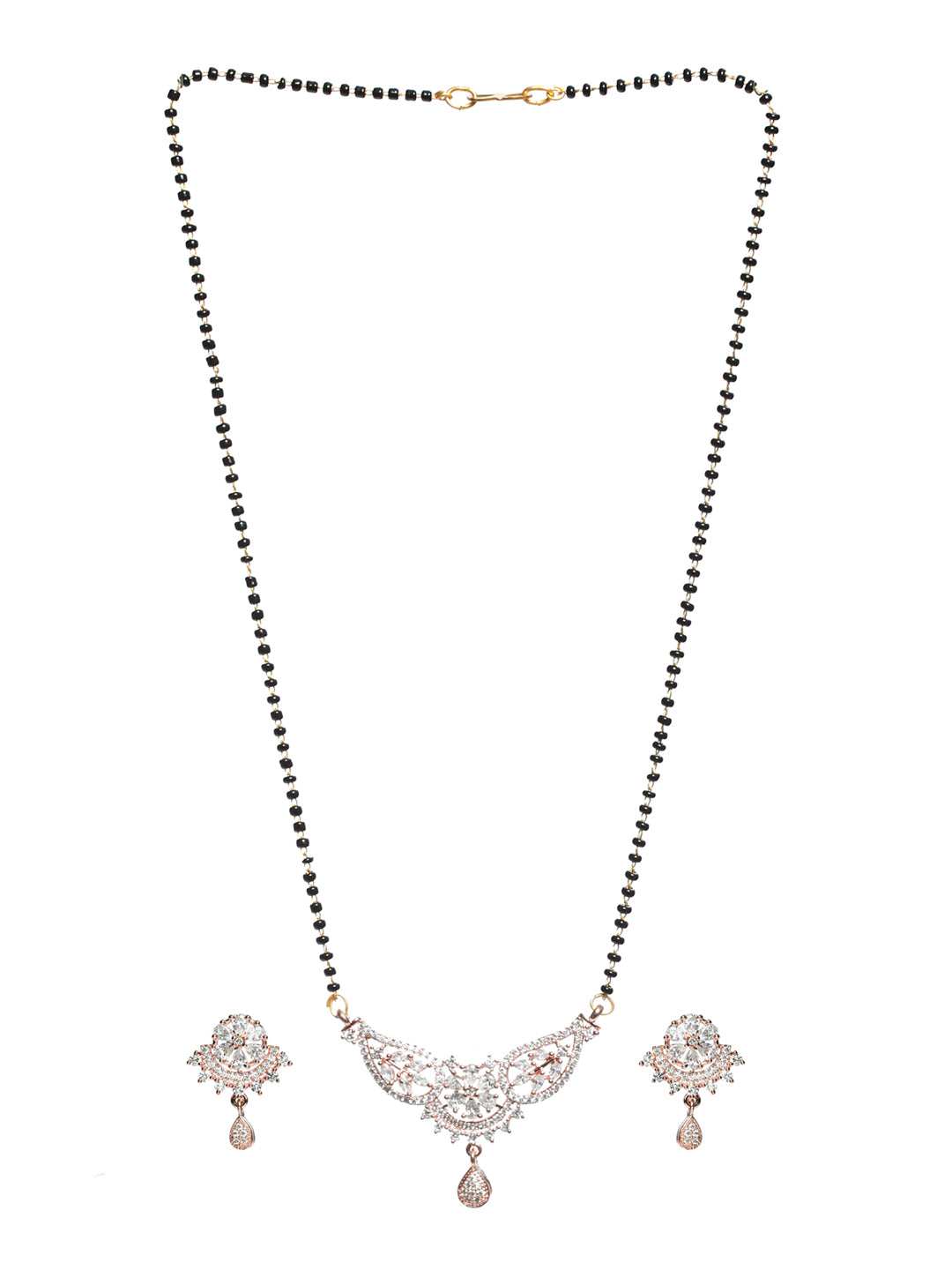 Rose Gold-Plated Black Beaded & White AD Stone-Studded Mangalsutra With Earrings - Jazzandsizzle