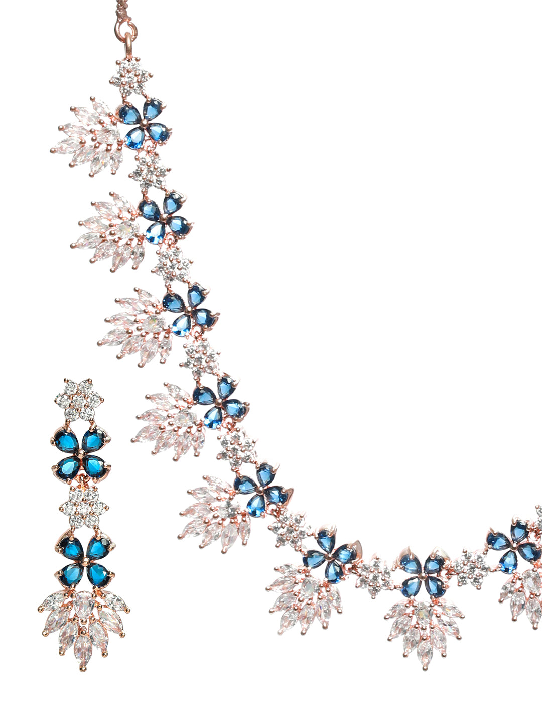 Rose Gold-Plated Blue & white Ameriacna Diamond & CZ-Studded Floral Jewellery Set - Jazzandsizzle
