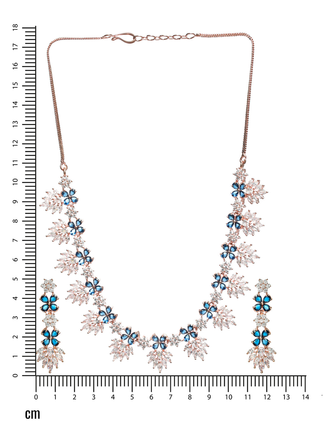 Rose Gold-Plated Blue & white Ameriacna Diamond & CZ-Studded Floral Jewellery Set - Jazzandsizzle