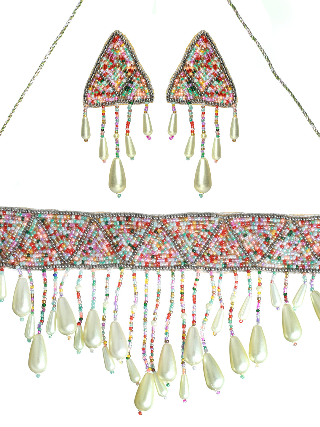 multicolor Pearl-Studded & Beaded Tasselled Choker Handcrafted Jewellery Set