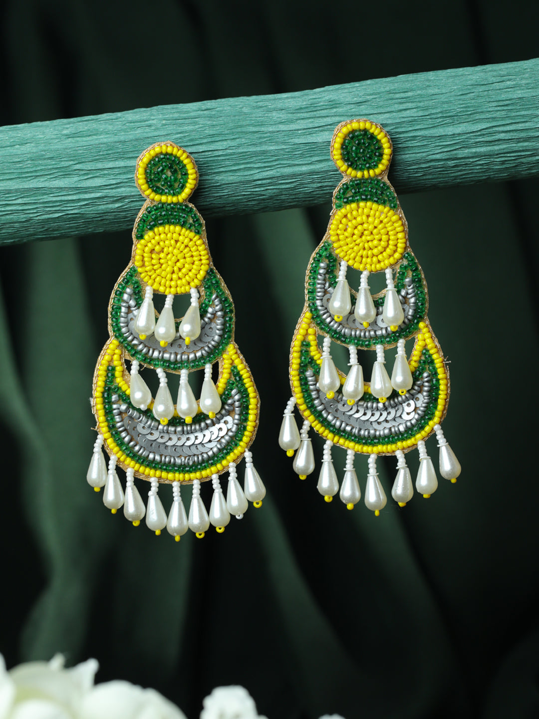 Yellow Green Beads & Pearls Studded Contemporary Handcrafted Chandbali Earrings - Jazzandsizzle