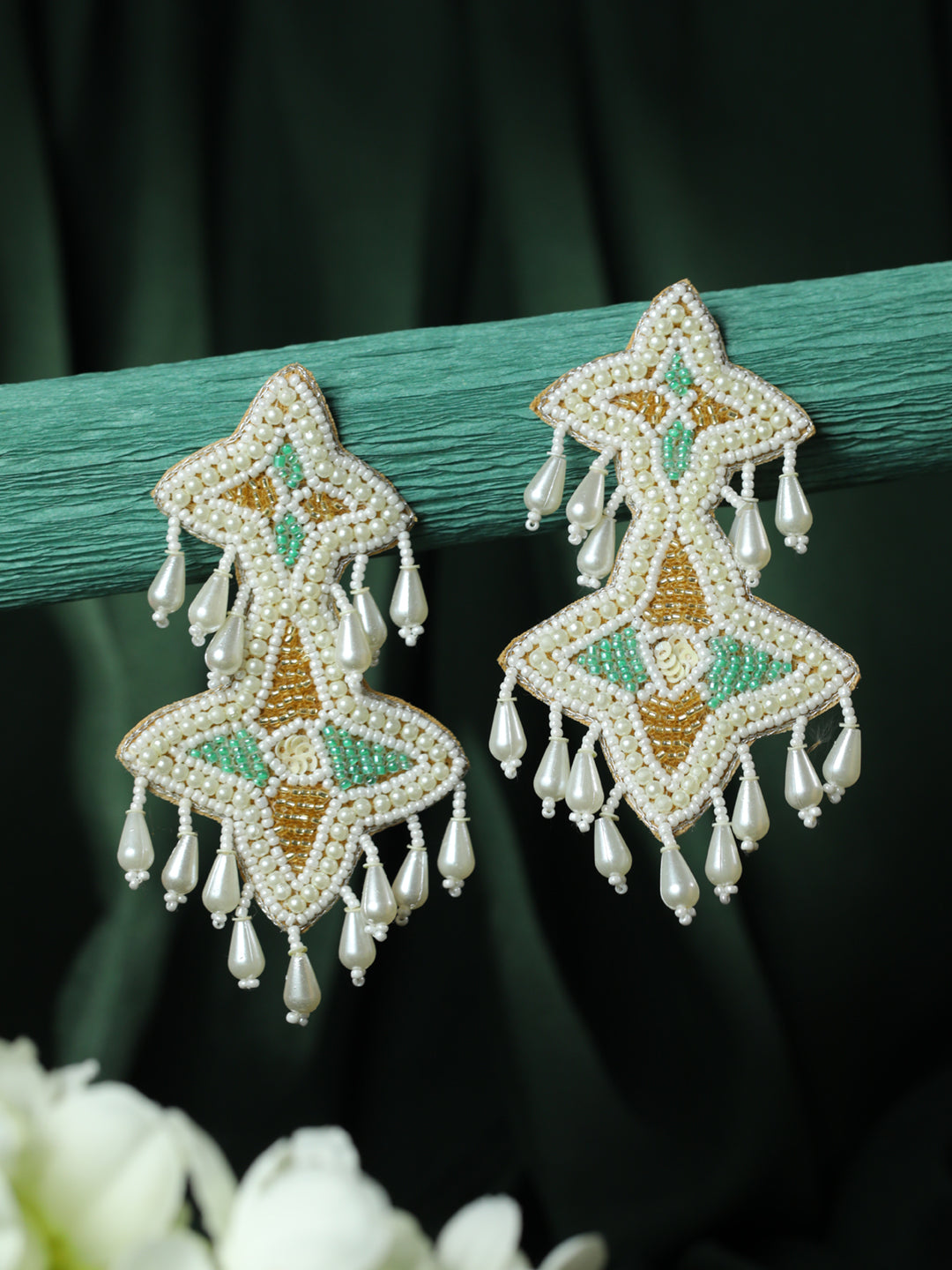 White Handwoven Beads & Green & Gold Studded Handcrafted Contemporary Drop Earrings