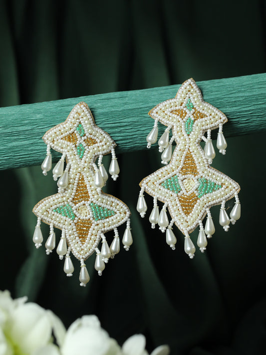 White Handwoven Beads & Green & Gold Studded Handcrafted Contemporary Drop Earrings - Jazzandsizzle