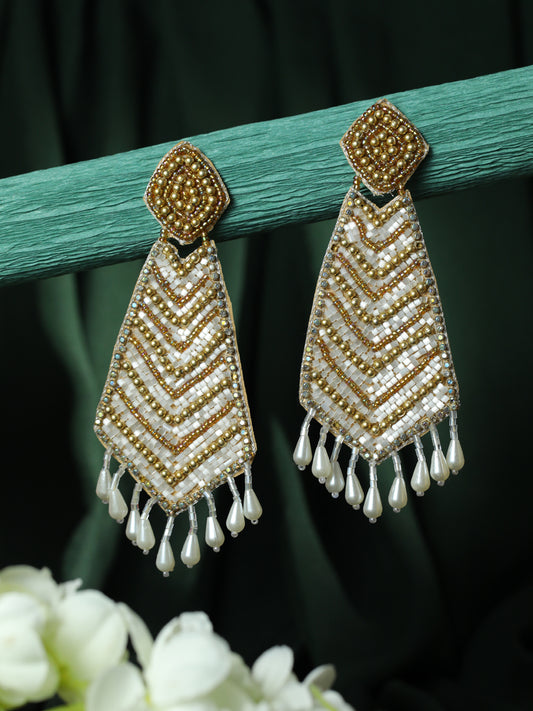 Gold-Plated White & Gold Handcrafted Contemporary Drop Earrings - Jazzandsizzle